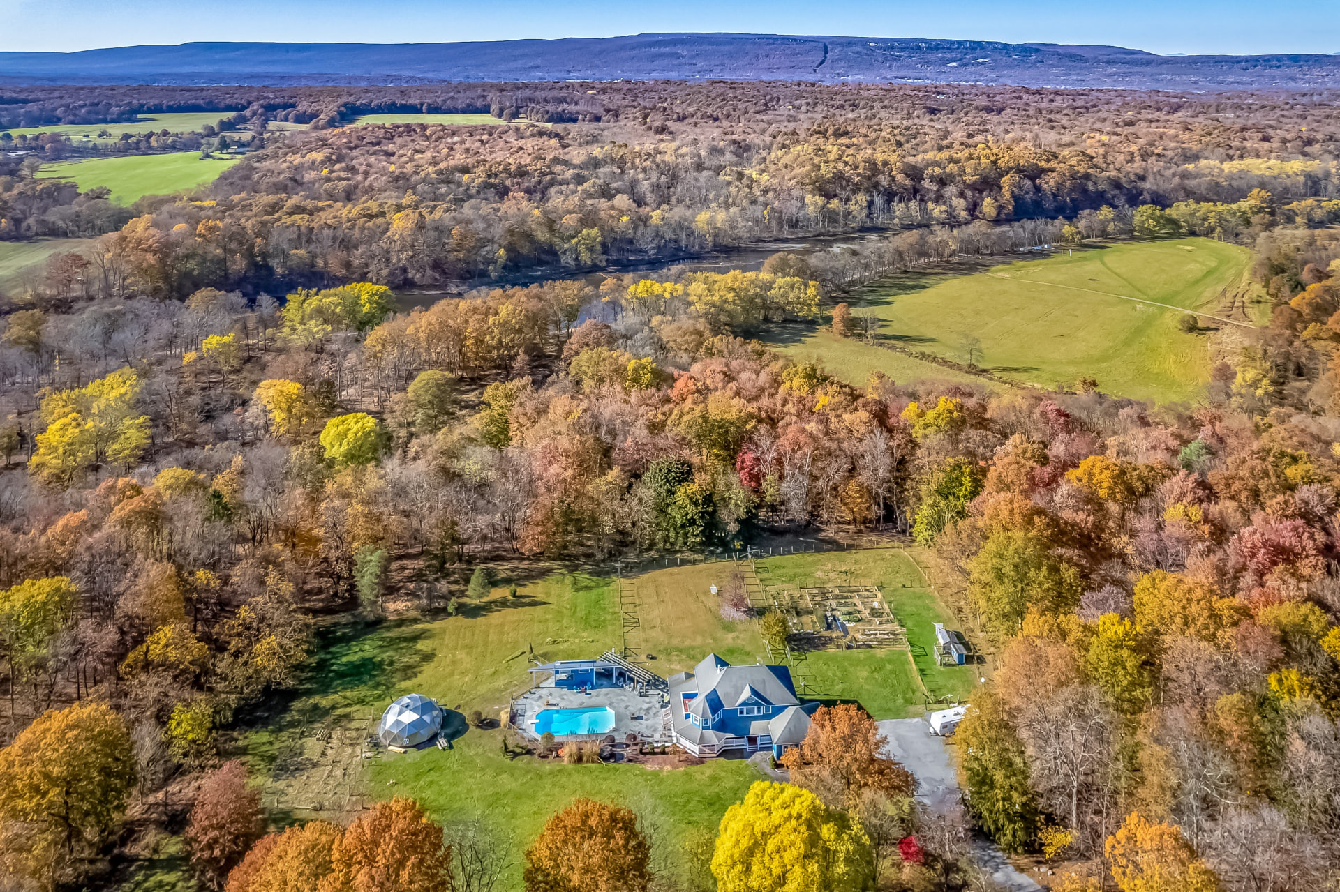 Aerial view of the farm and Hudson Valley countryside